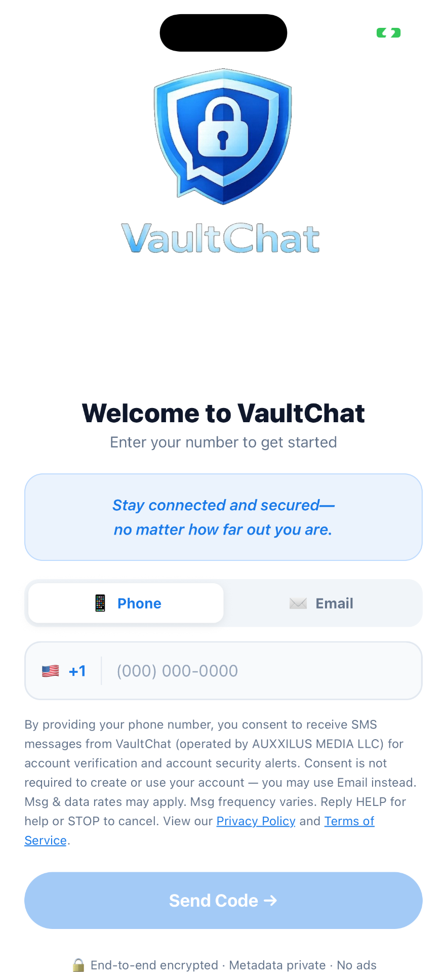VaultChat welcome screen